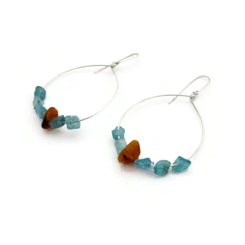 Large Silver Earrings with Aquamarine and Amber