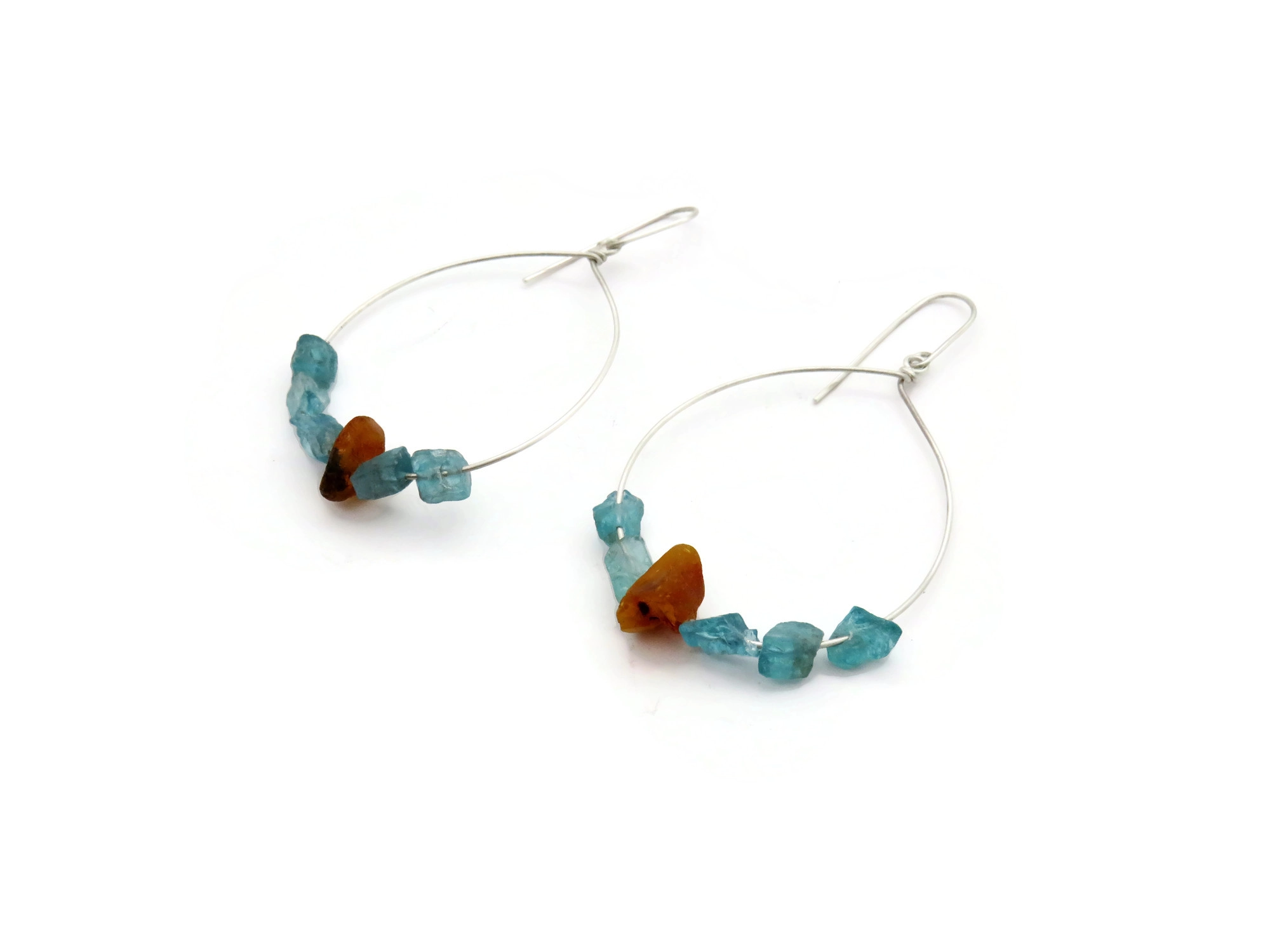Large Silver Earrings with Aquamarine and Amber