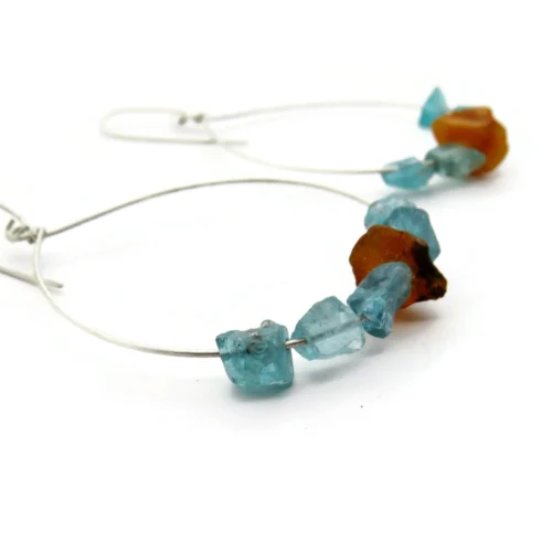 Large Silver Earrings with Aquamarine and Amber