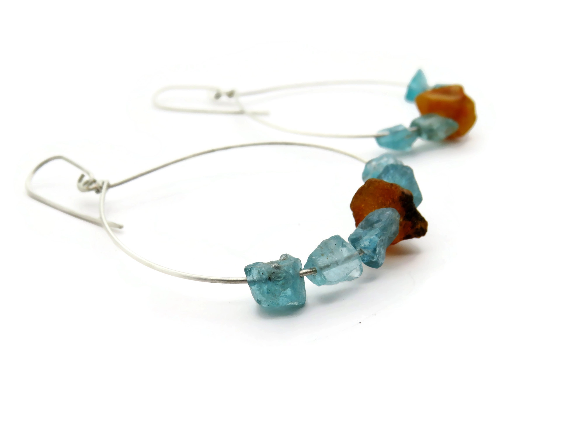 Large Silver Earrings with Aquamarine and Amber