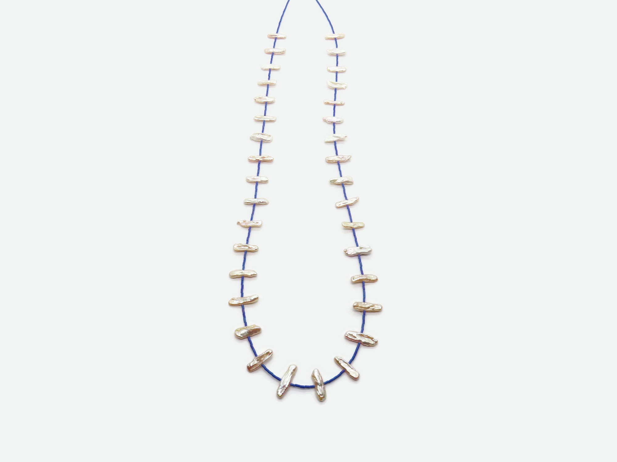 Long Biwa Pearl Necklace with Blue Miyuki