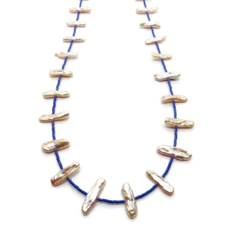 Long Biwa Pearl Necklace with Blue Miyuki
