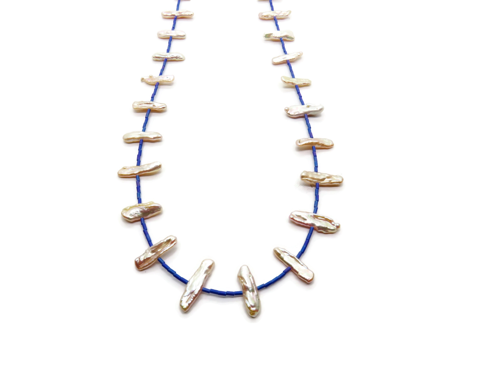 Long Biwa Pearl Necklace with Blue Miyuki