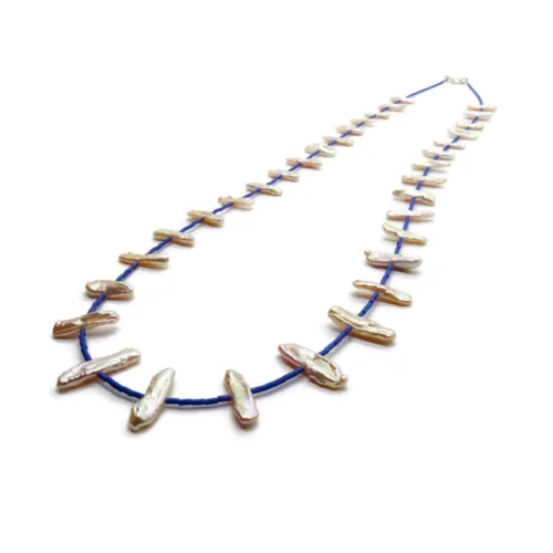 Long Biwa Pearl Necklace with Blue Miyuki