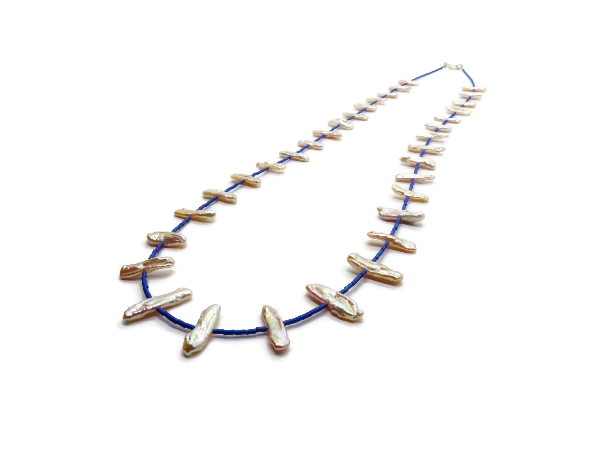 Long Biwa Pearl Necklace with Blue Miyuki
