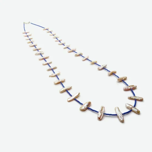 Long Biwa Pearl Necklace with Blue Miyuki