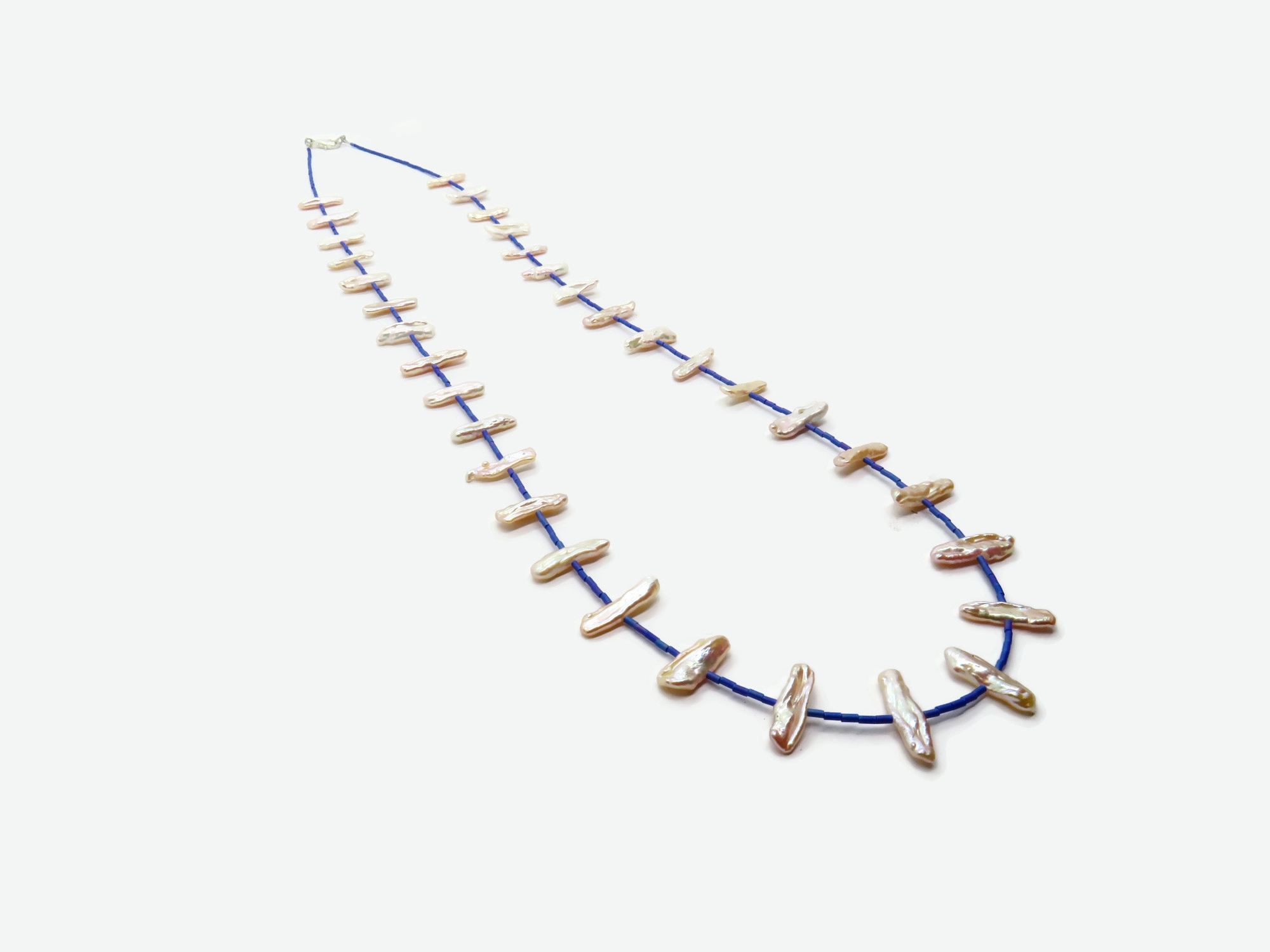 Long Biwa Pearl Necklace with Blue Miyuki