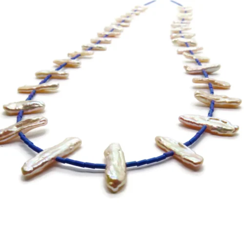 Long Biwa Pearl Necklace with Blue Miyuki