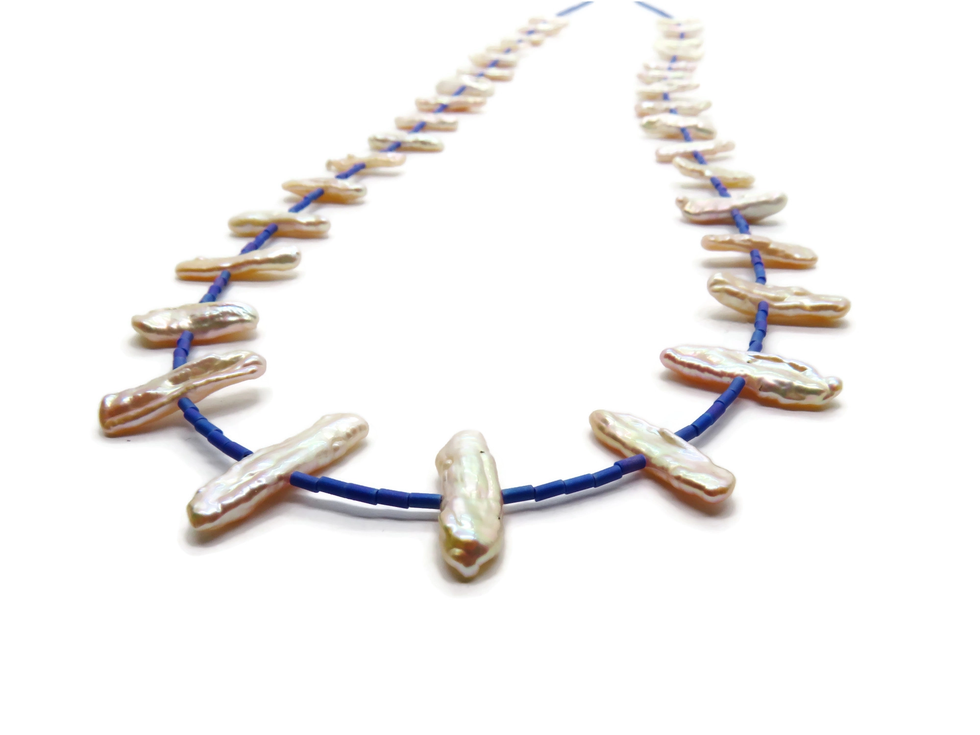 Long Biwa Pearl Necklace with Blue Miyuki