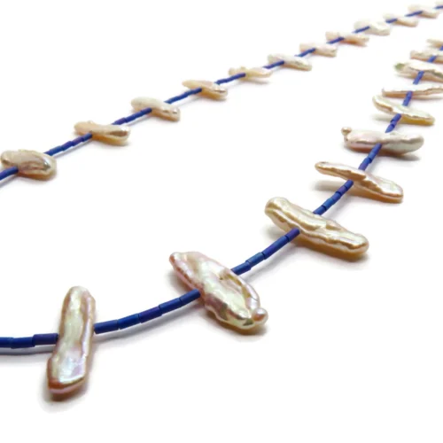 Long Biwa Pearl Necklace with Blue Miyuki
