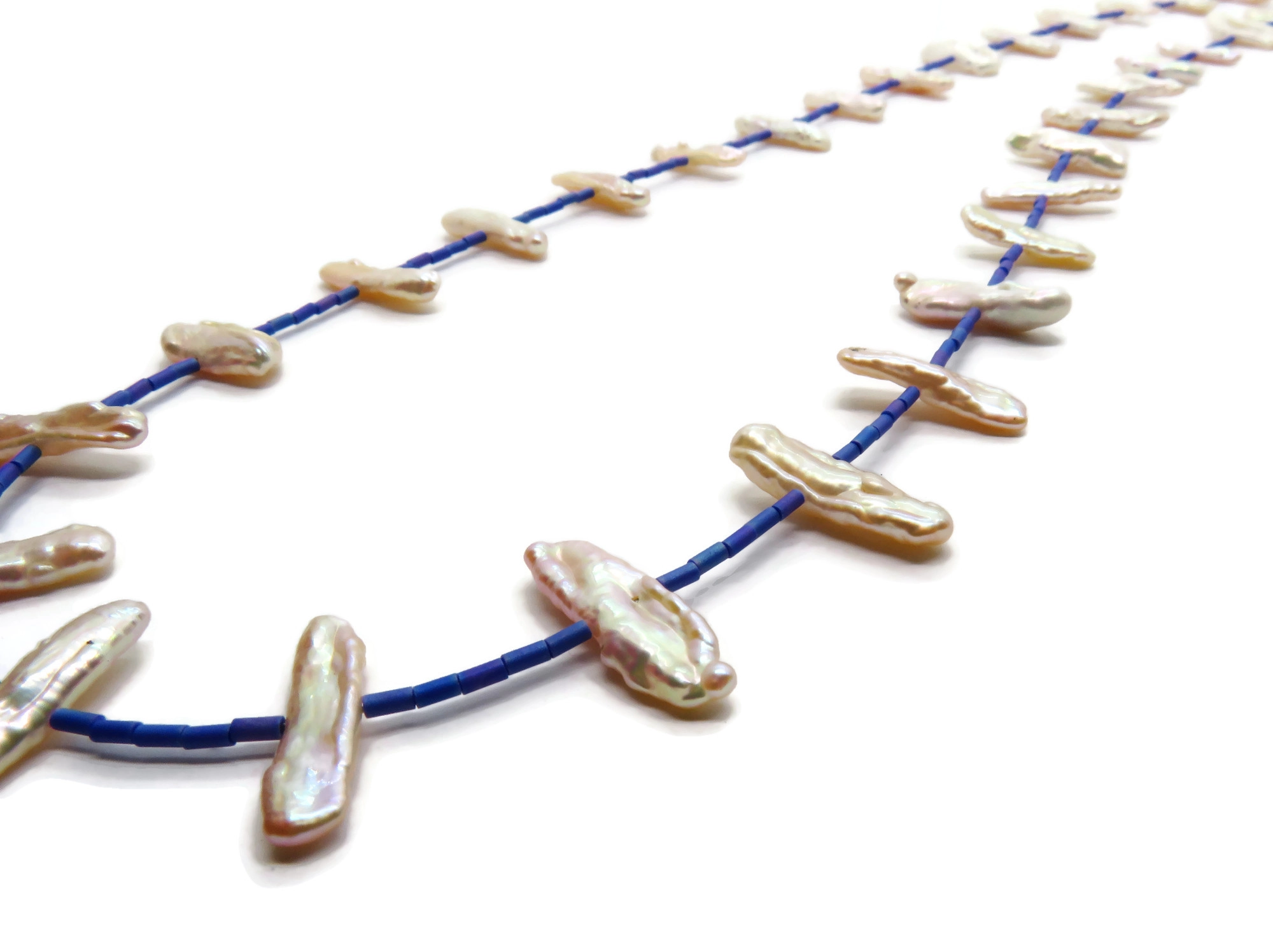 Long Biwa Pearl Necklace with Blue Miyuki