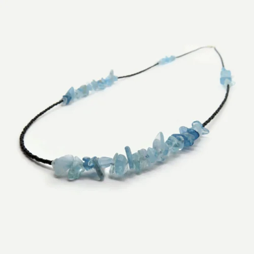 Long Aquamarine Chip Necklace with Black Miyuki Beads