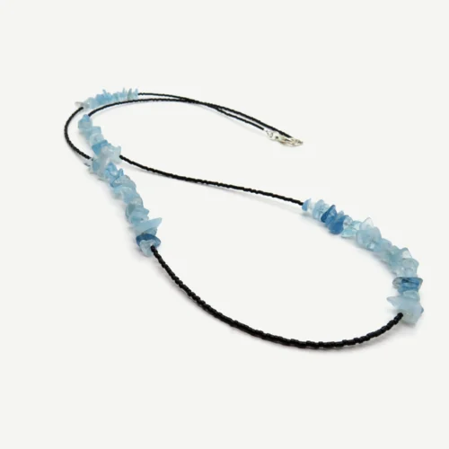 Long Aquamarine Chip Necklace with Black Miyuki Beads