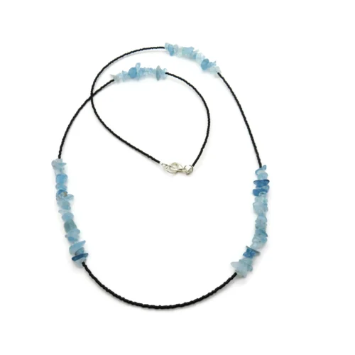 Long Aquamarine Chip Necklace with Black Miyuki Beads
