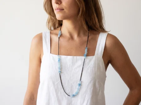Long Aquamarine Chip Necklace with Black Miyuki Beads