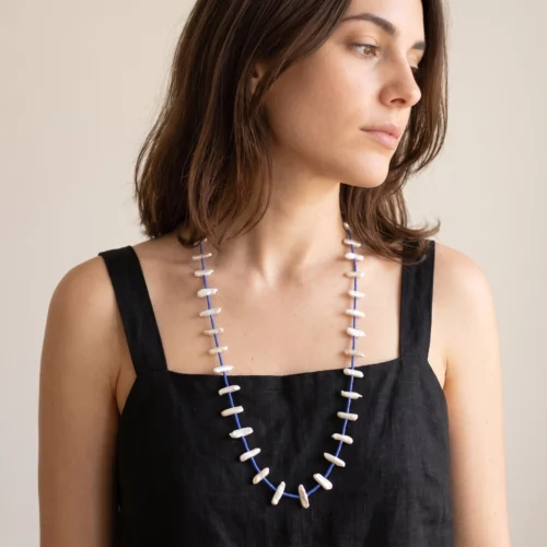 Long Biwa Pearl Necklace with Blue Miyuki