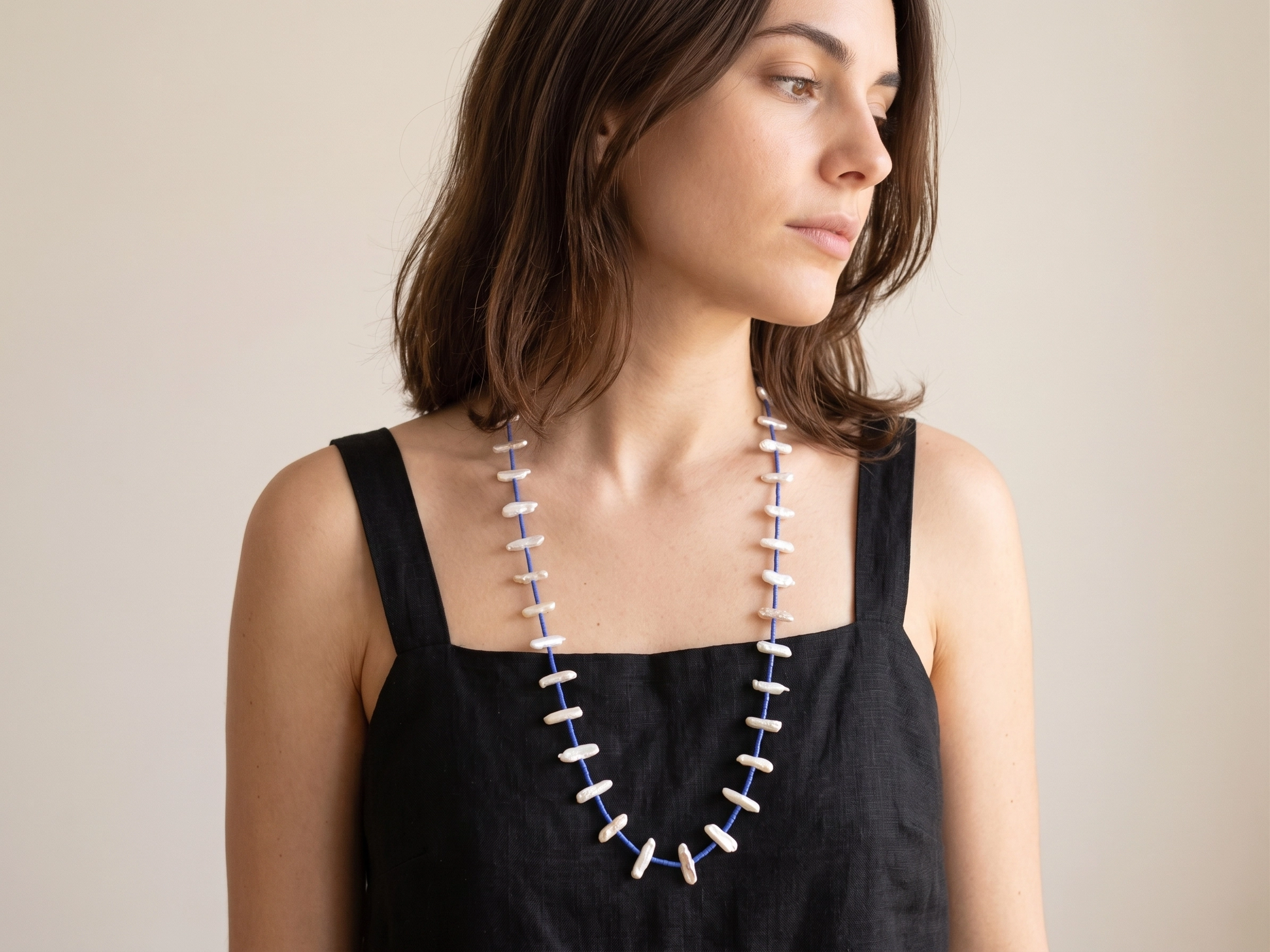 Long Biwa Pearl Necklace with Blue Miyuki