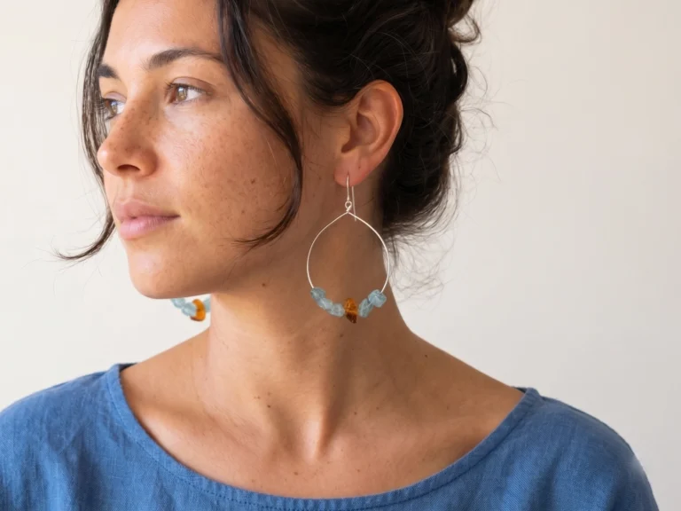 Large Silver Earrings with Aquamarine and Amber