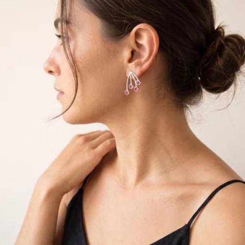 Silver Stud Earrings with Red Resin