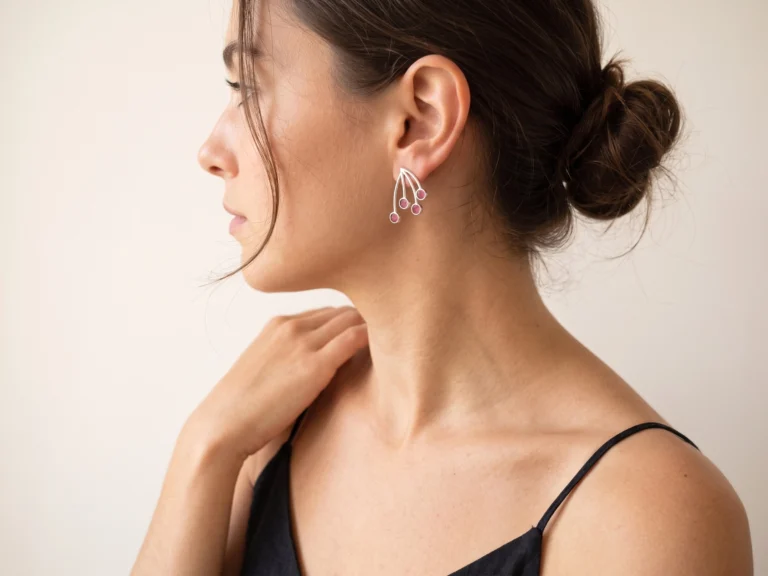Silver Stud Earrings with Red Resin