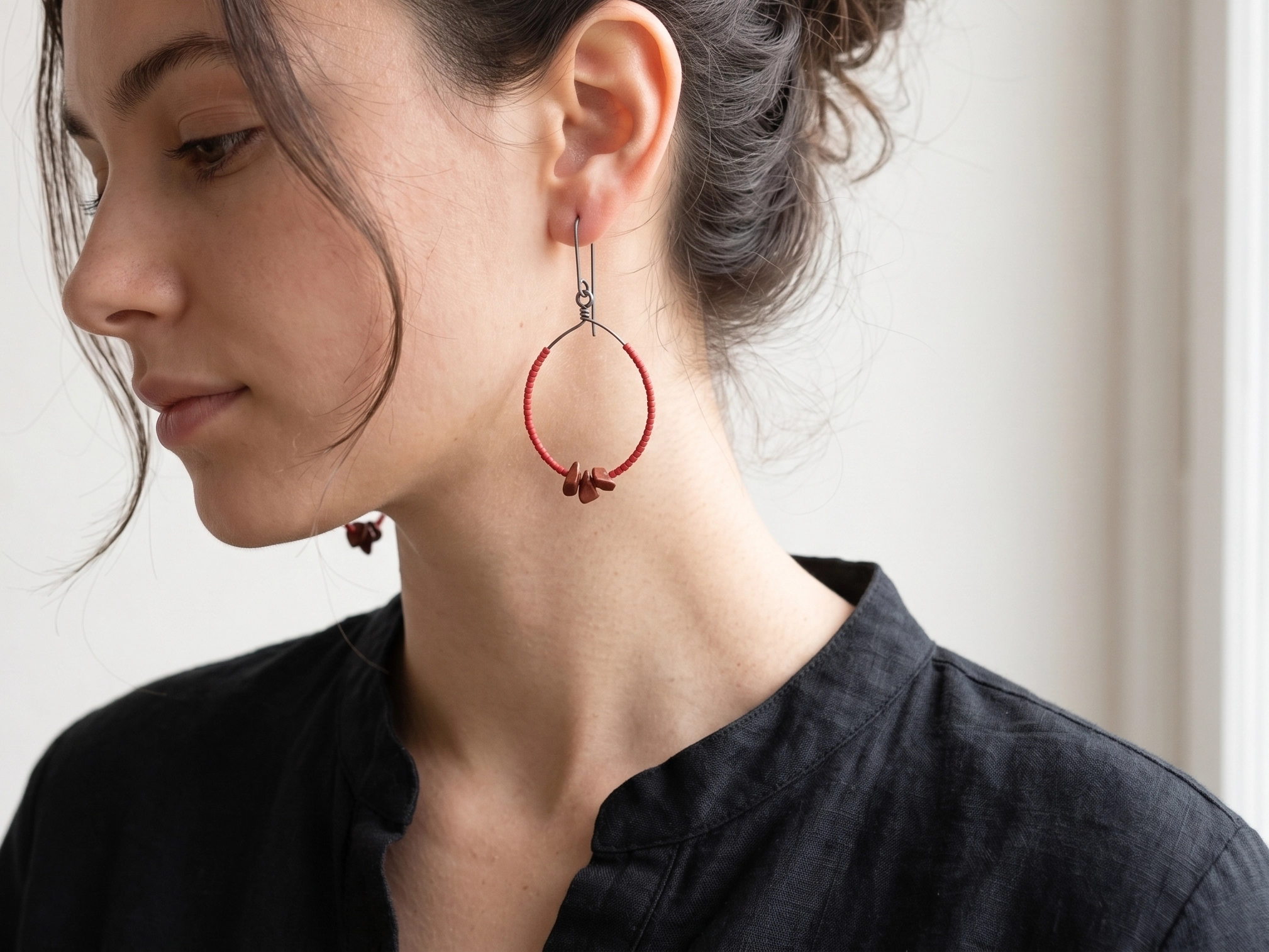 Oxidized Silver Earrings with Red Miyuki and Jasper