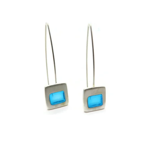 Silver Plated Earrings with Blue Resin