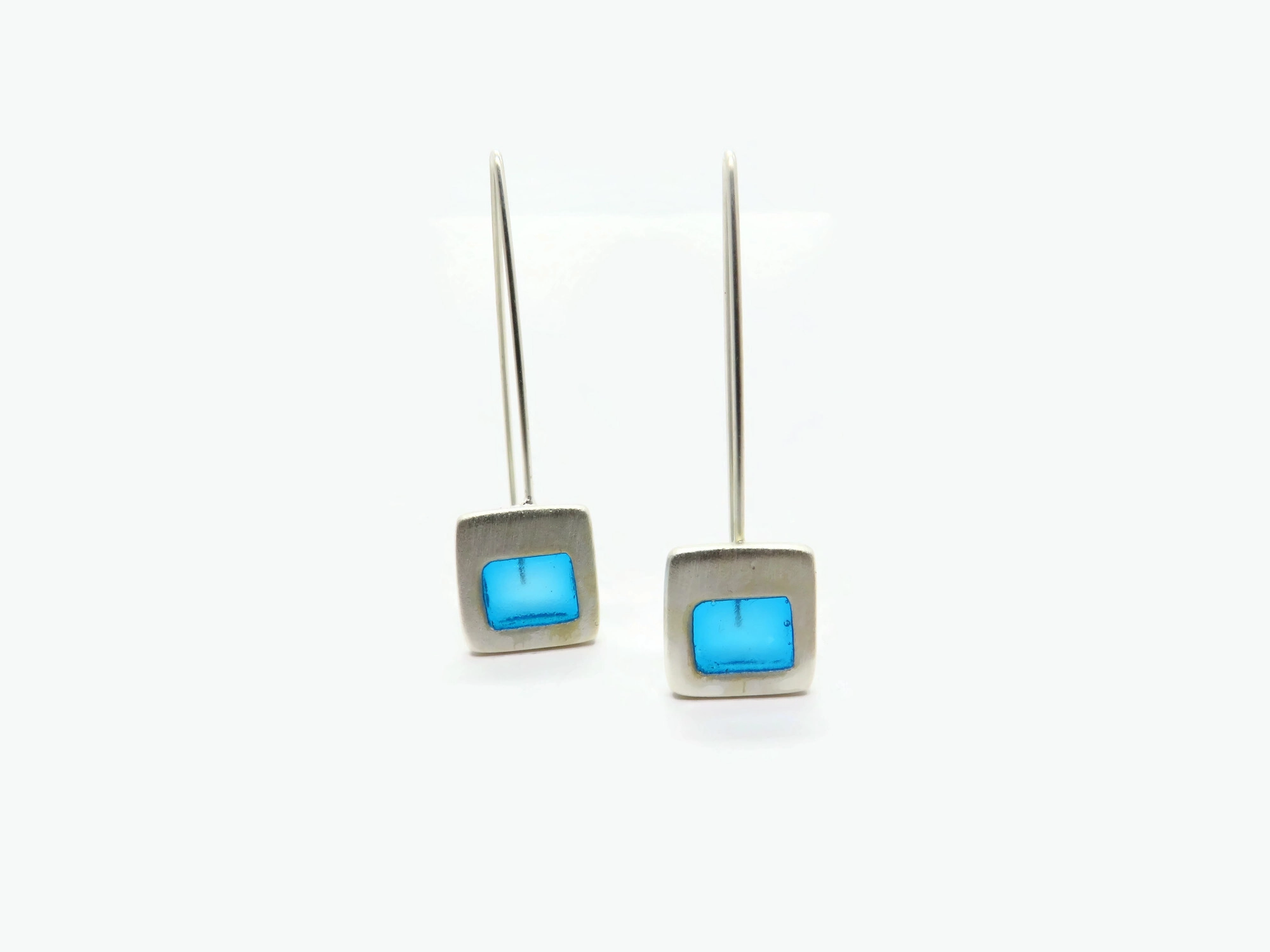 Silver Plated Earrings with Blue Resin