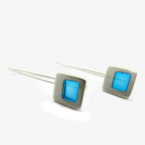 Silver Plated Earrings with Blue Resin