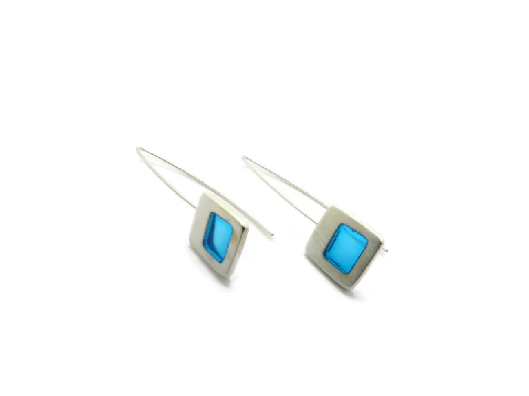 Silver Plated Earrings with Blue Resin