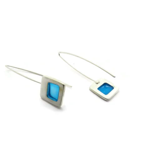 Silver Plated Earrings with Blue Resin